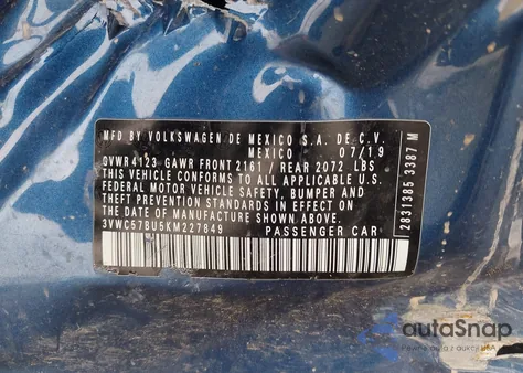 2019 Volkswagen Jetta 1.4T R-Line/1.4T S/1.4T Se z USA, uszkodzony, nr VIN 3VWC57BU5KM227849